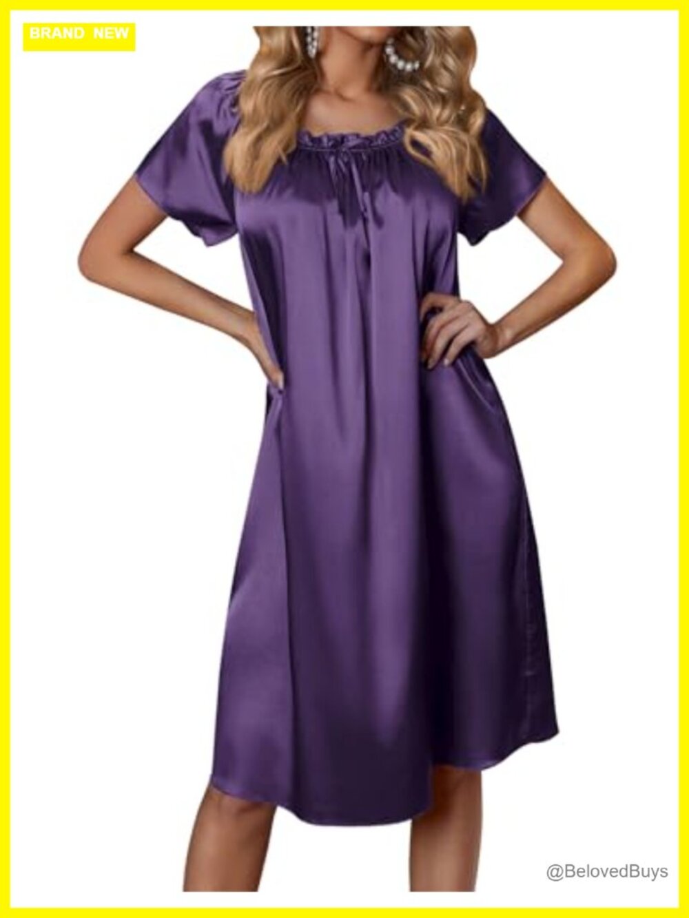 Satin Silk Nightgown Short Sleeve Loose Scoop Neck Sleepwear